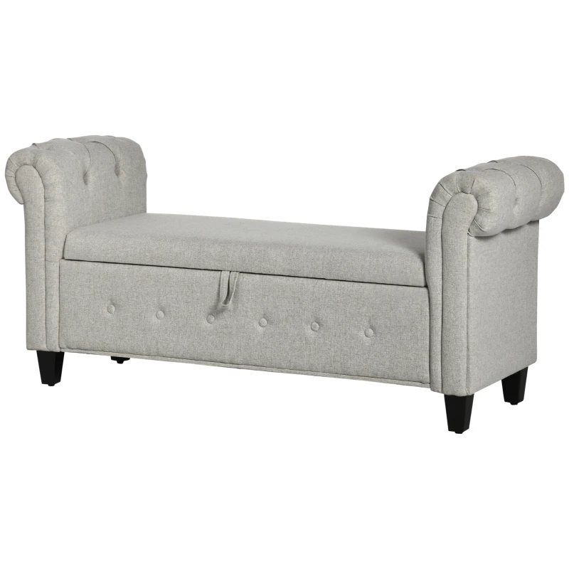 HOMCOM Banqueta Pie de Cama con Almacenamiento y Reposabrazos para Dormitorio Salón Pasillo 146,5x49x74,5 cm Gris Claro