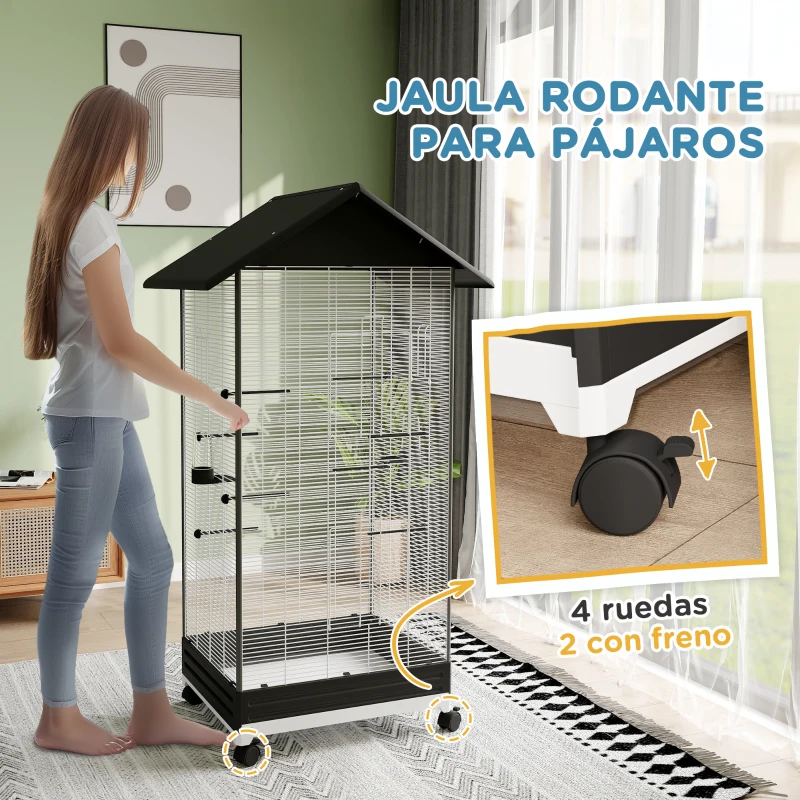 PawHut Jaula para Pájaros con Ruedas Pajarera Metálica con Bandeja Extraíble Puertas 79x65x155 cm Negro