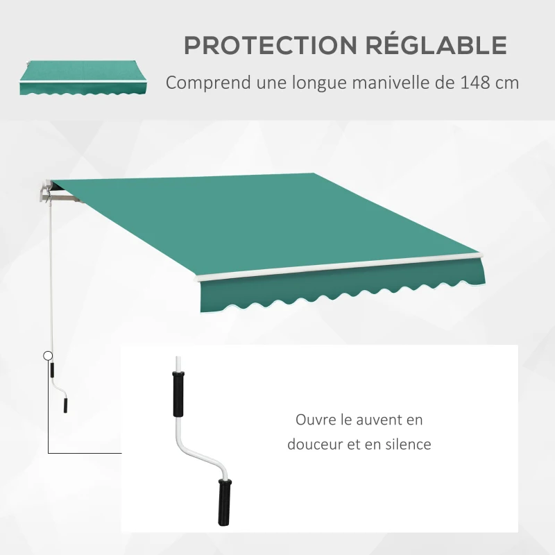 Outsunny Store banne manuel rétractable 295 x 245 cm store exterieur terrasse avec manivelle, angle réglable 45°-85°, aluminium et polyester 280 g/m², auvent de terrasse, balcon, cour, vert