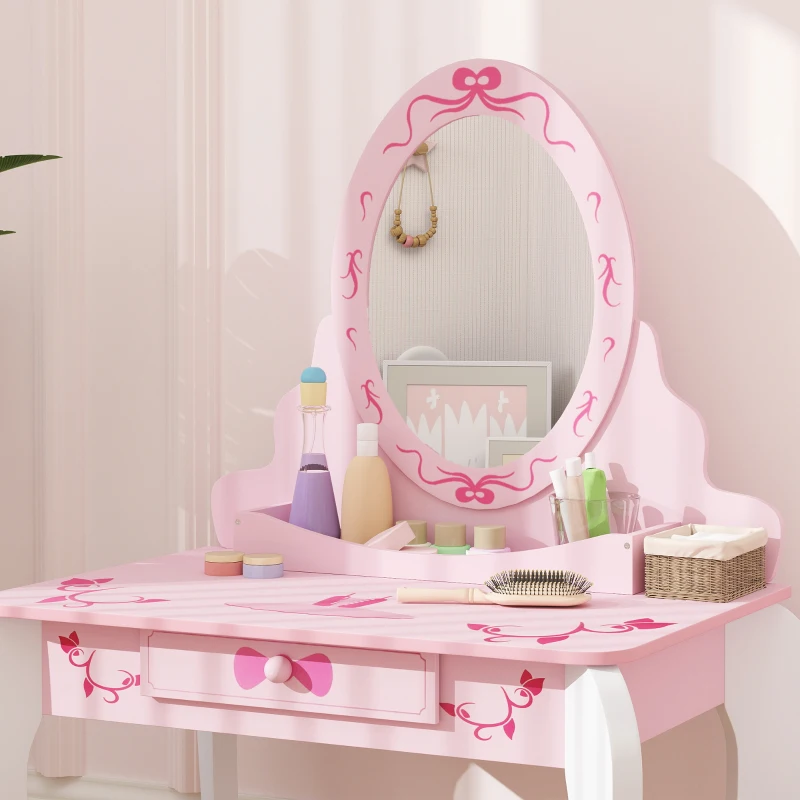 AIYAPLAY Kids Dressing Table Set, Vanity Table with Stool, Mirror, Drawer, Desktop, Storage, Ballet-Theme, Pink