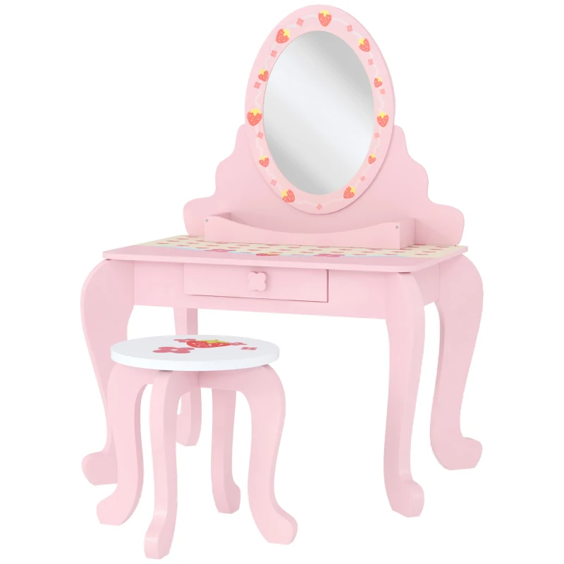 AIYAPLAY Kids Dressing Table Set, Vanity Table with Stool, Mirror, Drawer, Desktop, Storage, Strawberry-Theme, Pink
