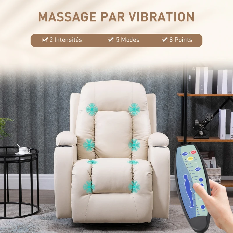 HOMCOM Fauteuil de Massage et Relaxation électrique Chauffant 360° pivotant inclinable manuellement Repose-Pied télécommande(m-4)