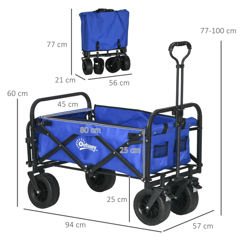 Outsunny Carro de Jardín Plegable con Longitud y Ángulo del Mango Ajustables y Bolsa de Transporte Carga 100 kg Azul Oscuro