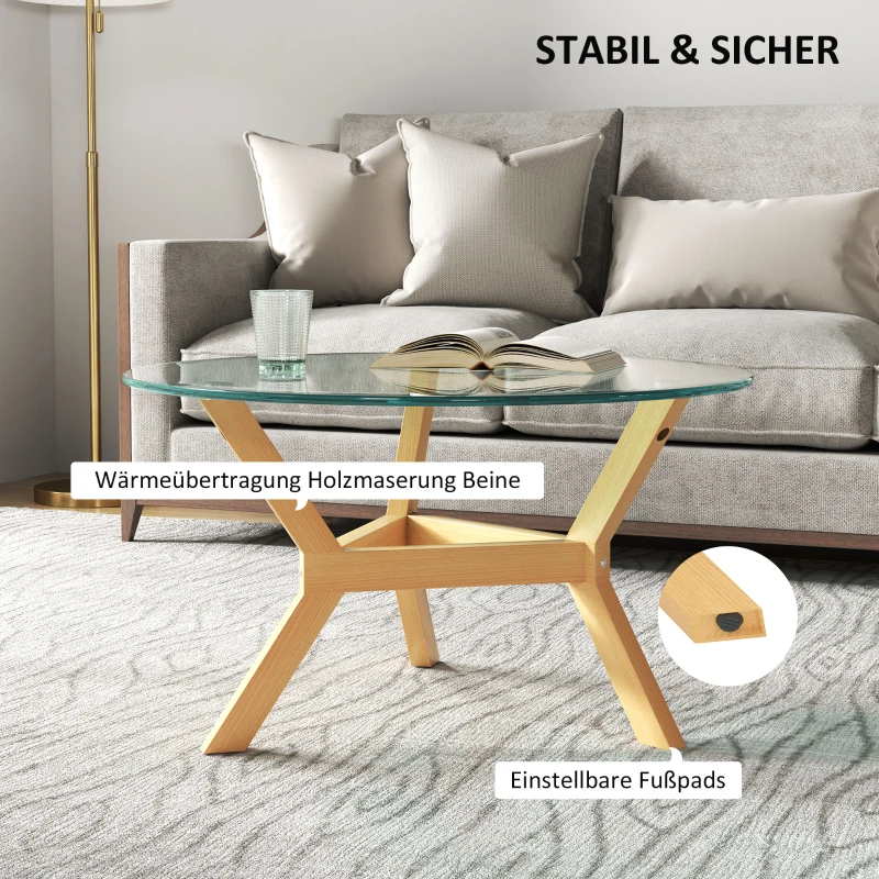 HOMCOM Runder Beistelltisch aus gehärtetem Glas mit verstellbaren Fußpolstern und Stahlrahmen, für Wohnzimmer, Schlafzimmer