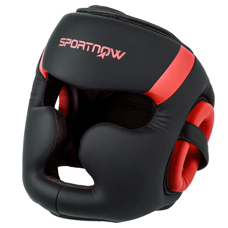 SPORTNOW Casco de Boxeo Helmet MMA con Correa Ajustable para Grappling Sparring Artes Marciales Kickboxing Karate Rojo y Negro