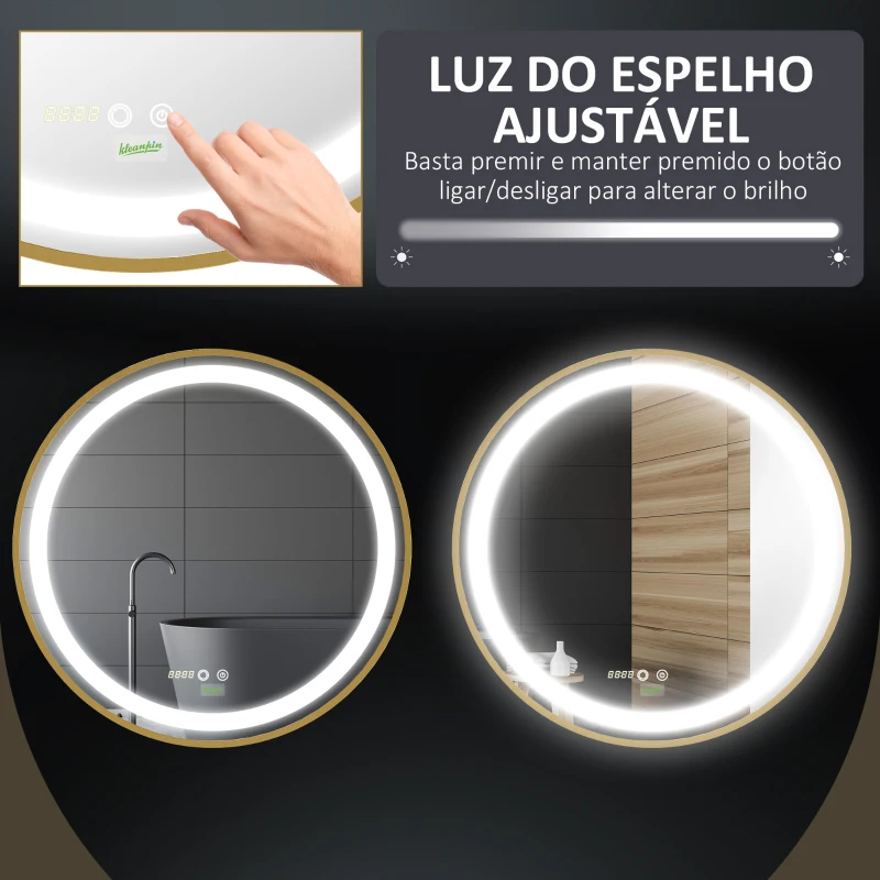 kleankin Espelho Casa de Banho Redondo com Luz LED 3 Luzes Ajustáveis Visualização de Temperatura e Hora Função de Memória Ø60x4cm Dourado