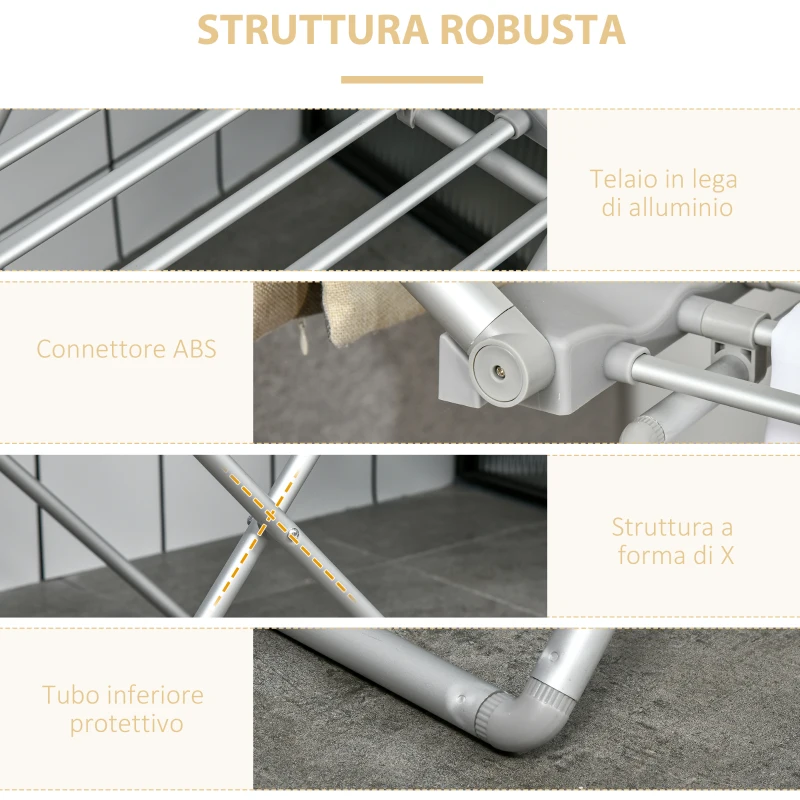 HOMCOM Stendino Elettrico Riscaldato con Ali Pieghevole Salvaspazio in Lega di Alluminio, 144x53x91cm, Argento