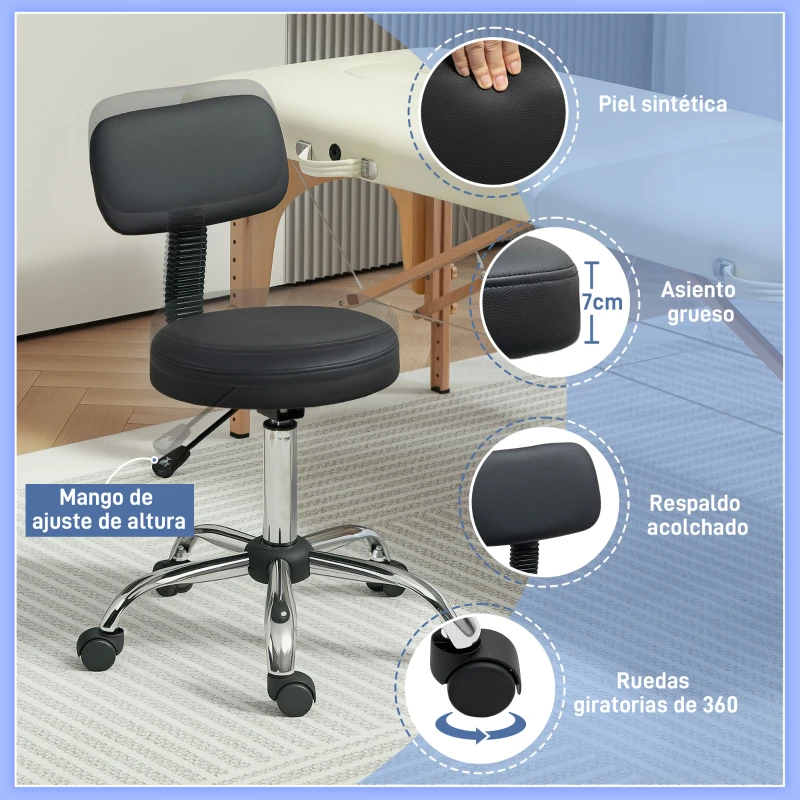 HOMCOM Taburete Giratorio con Respaldo y Ruedas Silla Ajustable para Salones de Belleza Estudio de Tatuajes 46x51x78-93 cm