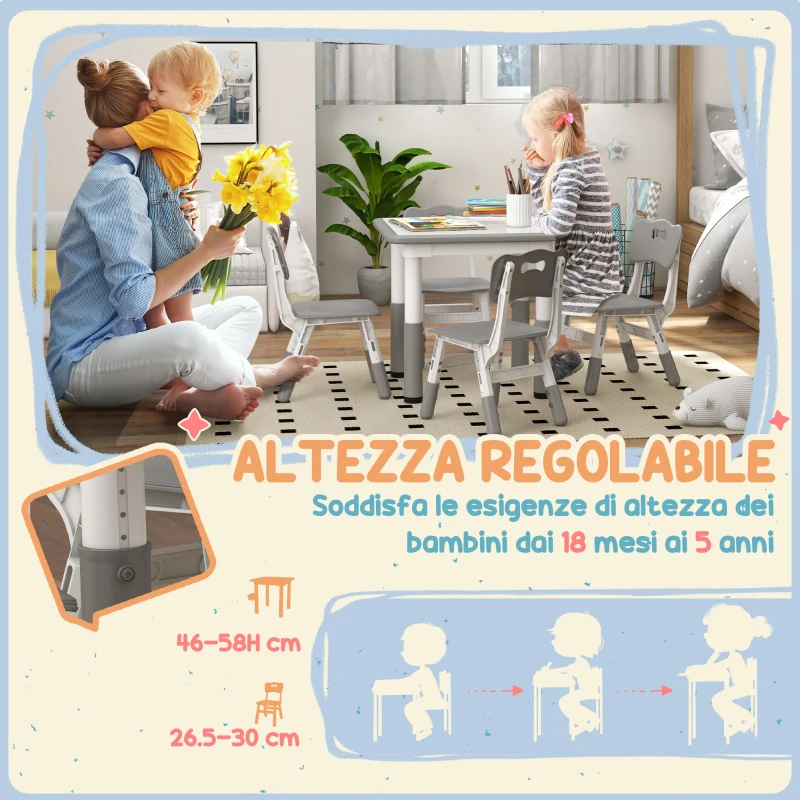 AIYAPLAY Set Tavolo e Sedie per Bambini 5pz con 4 Sedie Regolabili 32x36x52.5-56 cm e Tavolo 60x60x46-58 cm, Grigio