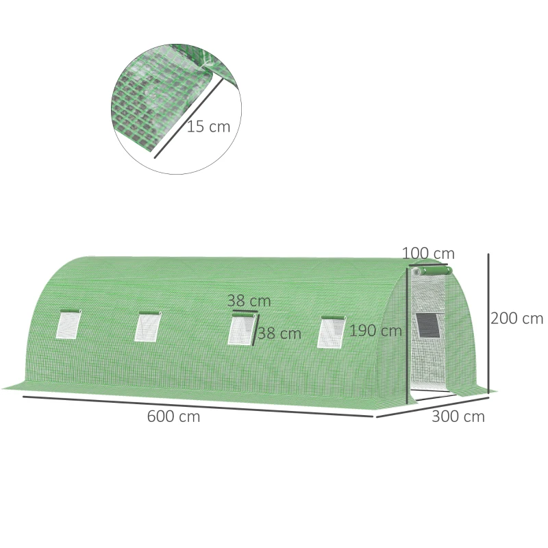 Outsunny Serre de Jardin Tunnel 18 m² dim. 6L x 3l x 2H m - 8 fenêtres, Porte zippée Enroulable - châssis Tubulaire Acier galvanisé, bâche PE Haute densité Vert