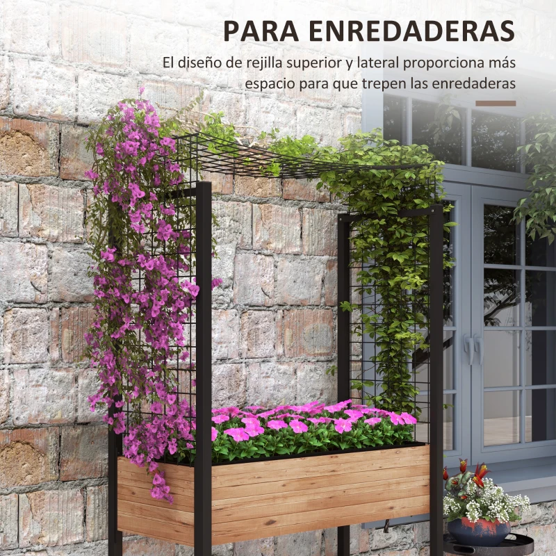 Outsunny Huerto Urbano Elevado con Enrejado Mesa Jardinera con Ruedas con Orificios de Drenaje para Plantas 110x49x190 cm Marrón