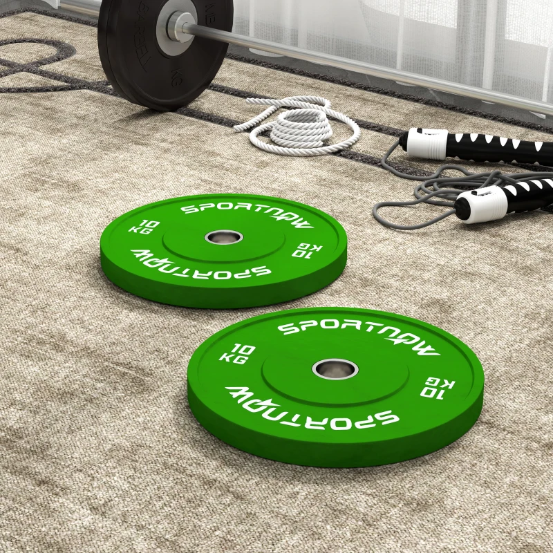 SPORTNOW Set de 2 Discuri Greutăți 2x10 kg din Cauciuc, cu Gaură de 5 cm pentru Gantere și Grijuri, Ø45x4 cm, Verde
