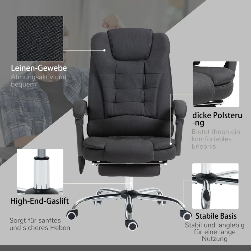 Vinsetto Bürostuhl mit Massagefunktion, Ergonomischer Schreibtischstuhl mit Liege- & Wärmefunktion, höhenverstellbar, Schwarz(m-8)