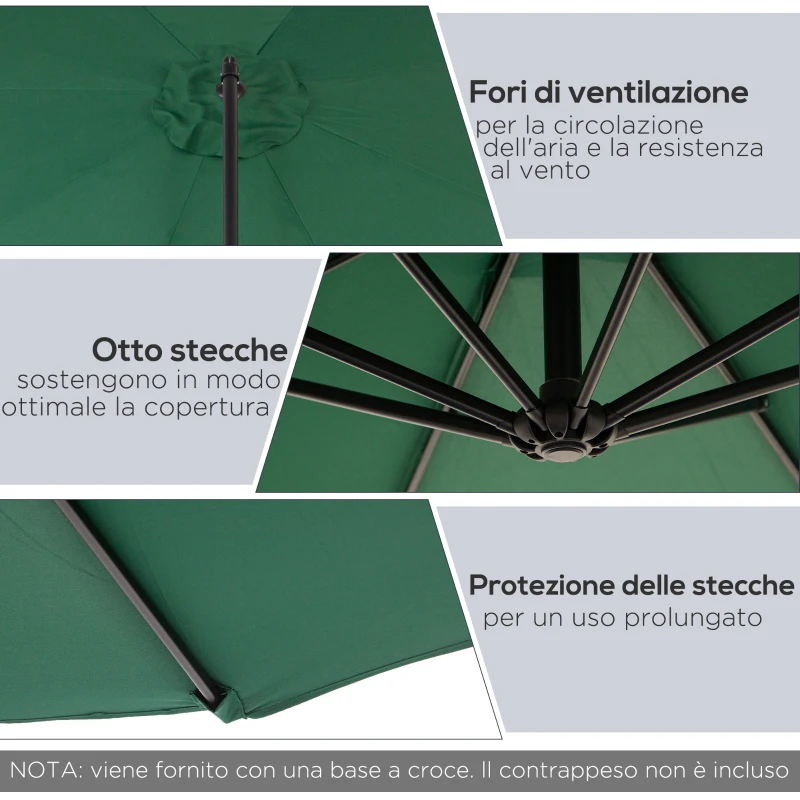 Outsunny Ombrellone da Esterni Decentrato con Manovella, in Acciaio e Poliestere Anti-UV, 3x2.5 m, Verde