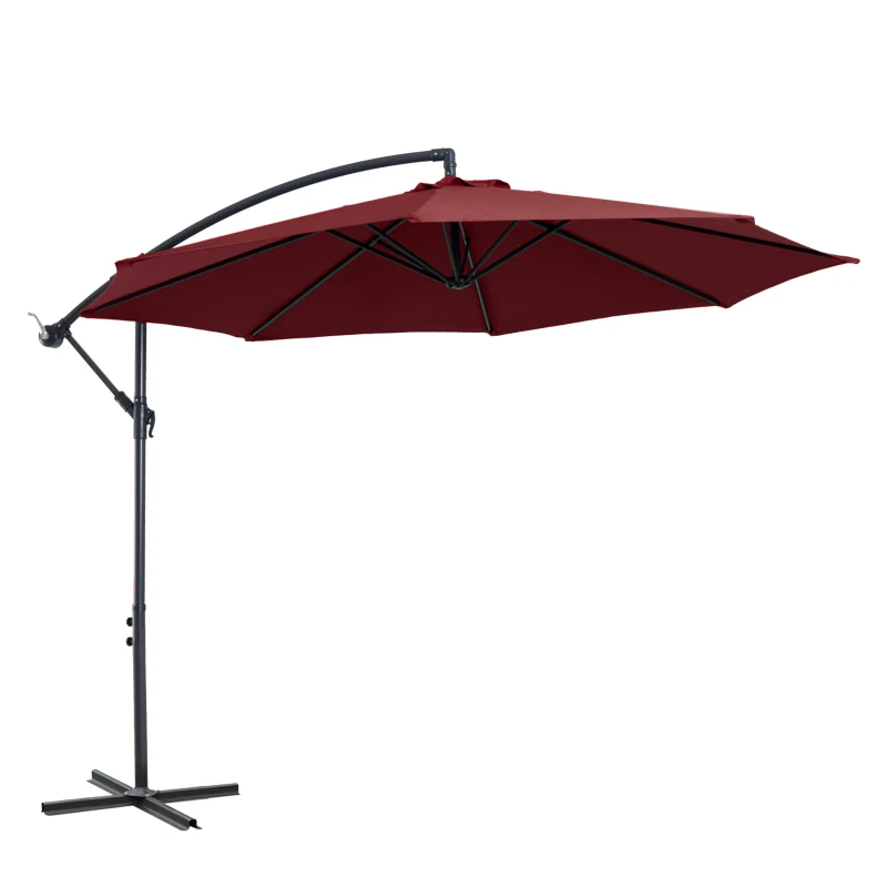 Outsunny Sombrilla de Jardín Ø295 cm Parasol Excéntrico Inclinable con Manivela Base Cruzada y Soporte de Acero Granate