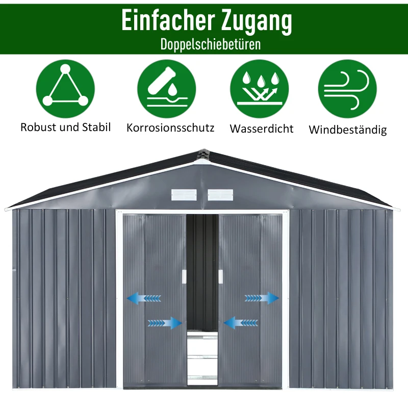 Outsunny Geräteschuppen, Wetterfestes Gartenhaus für Gartengeräte, mit Belüftungsfenstern, Schiebetüren, Stahl, Kohlegrau