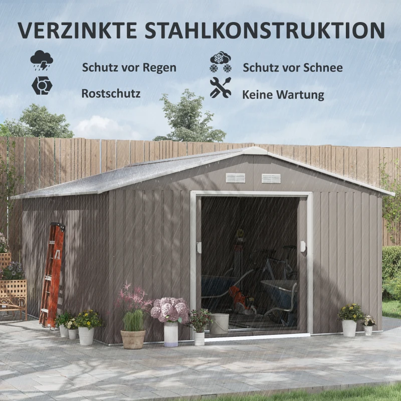 Outsunny Geräteschuppen, Wetterfestes Gartenhaus für Gartengeräte, mit Belüftungsfenstern, Schiebetüren, Stahl, Hellgrau(m-4)