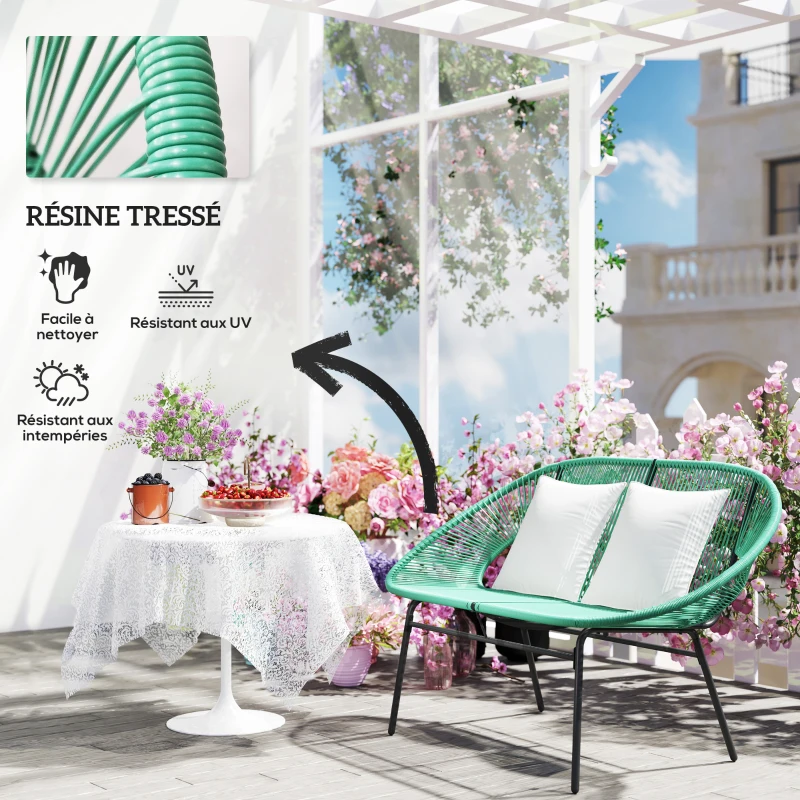 Outsunny Banquette banc de jardin 2 places en acier et cordage en résine avec 2 coussins - dim. 132L x 72l x 83H cm - vert foncé