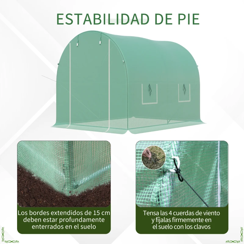 Outsunny Invernadero de Túnel 3x2x2 m Invernadero Grande con 4 Ventanas para Cultivos Plantas Verduras Cubierta PE 140 g/㎡ Verde