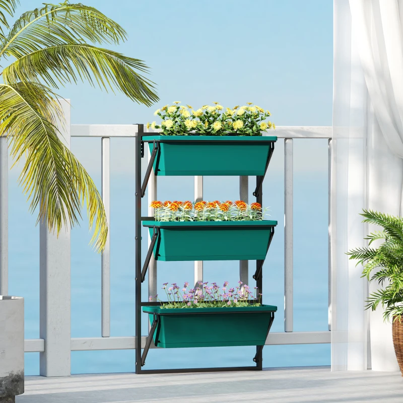 Outsunny Fioriera da Esterno Verticale e 3 Vasi per Piante in Plastica con Fori di Drenaggio, 56x42x100 cm, Verde