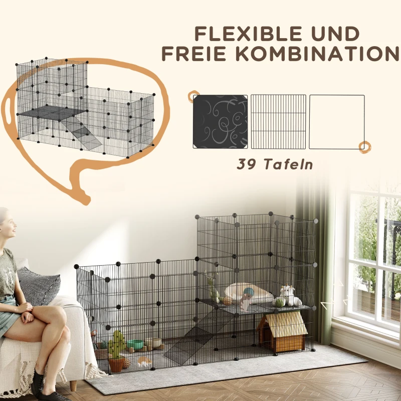 PawHut Gehege für Zwergkaninchen, 39-Paneel-Stall für kleine Haustiere, mit Rampe, für Kleintiere, Indoor, Schwarz(m-4)