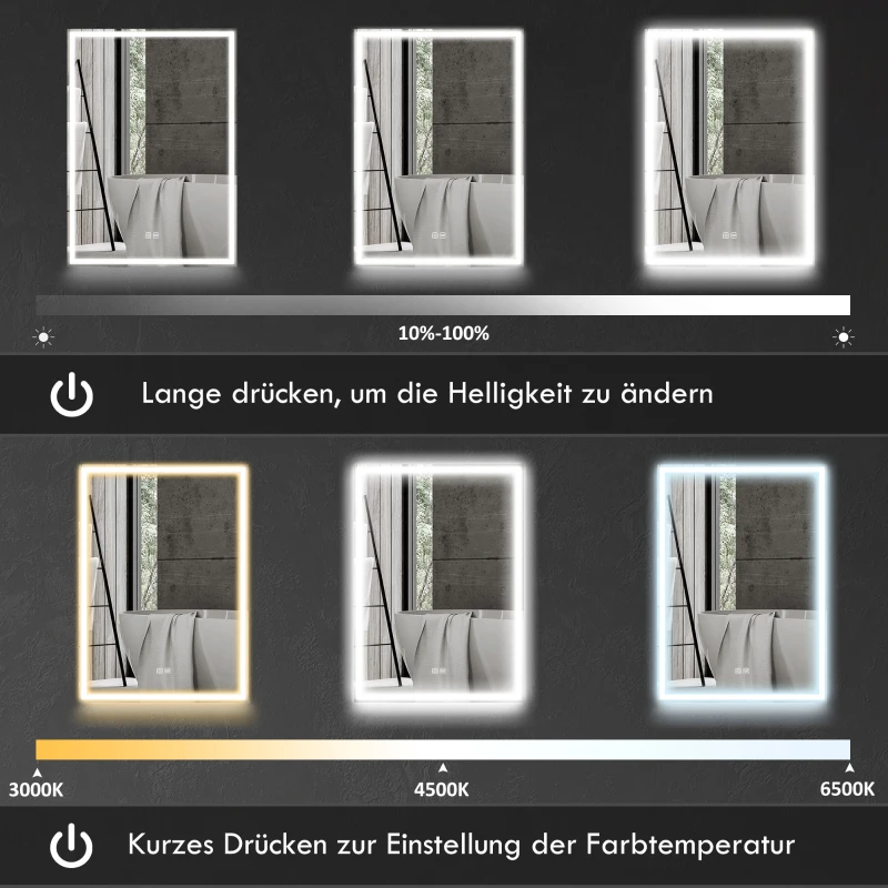 HOMCOM Spiegelschrank, Badschrank mit LED, 50 x 70 cm, dimmbar, Anti-Beschlag, Schwarz(m-4)