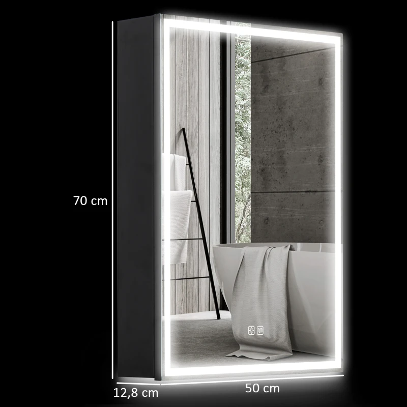HOMCOM Spiegelschrank, Badschrank mit LED, 50 x 70 cm, dimmbar, Anti-Beschlag, Schwarz(m-3)