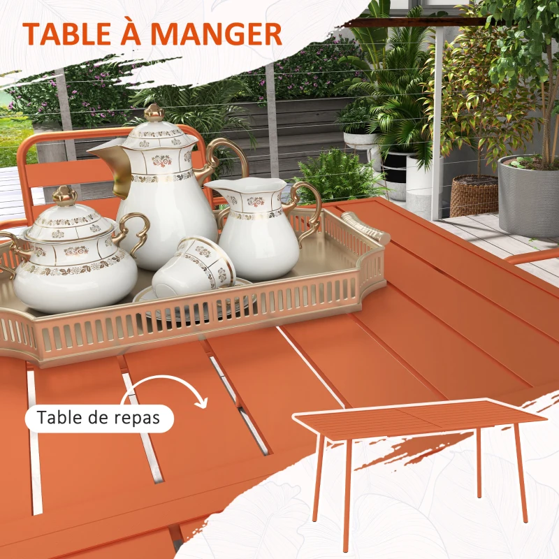 Outsunny Salon de jardin ensemble salle à manger de jardin 7 pièces avec 1 table et 6 chaises empilables en acier rouge