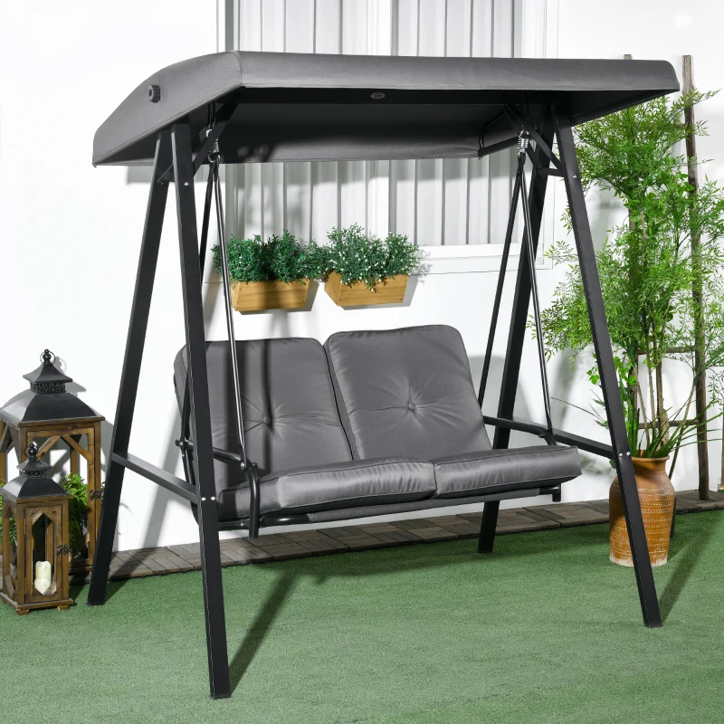 Outsunny Hollywoodschaukel, 2-Sitzer Gartenschaukel mit verstellbarem Dach, bis 220 kg belastbar, 145 x 116 x 172 cm, Dunkelgrau