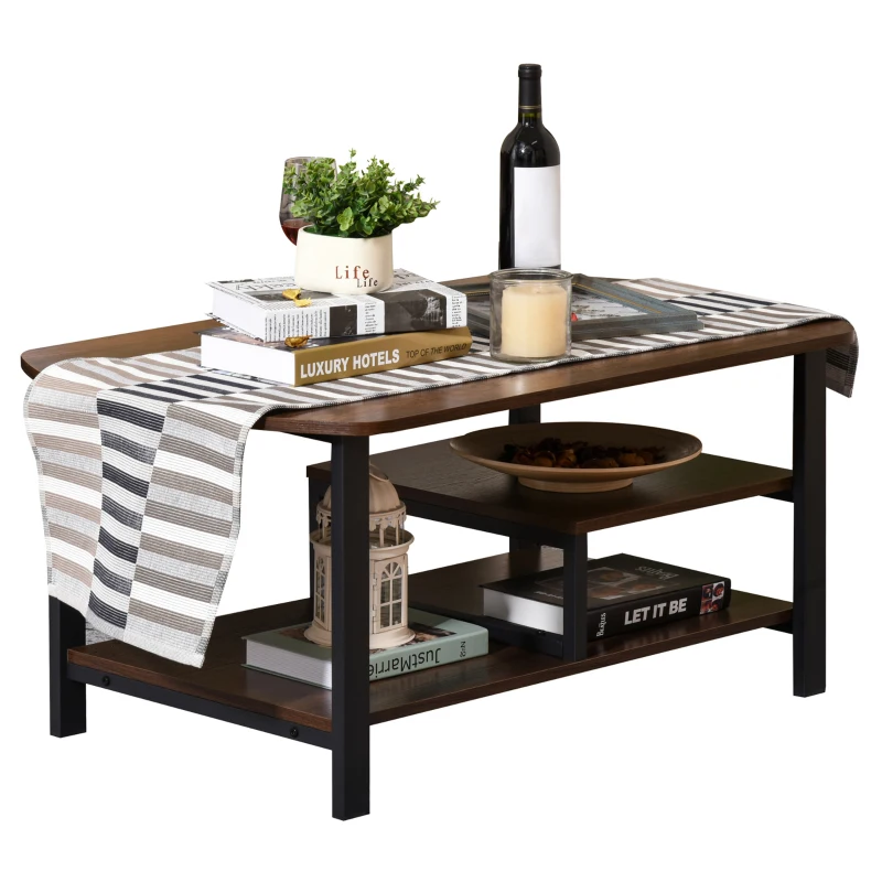 HOMCOM Mesa de Centro Mesa de Café con 2 Estantes para Salón Sala de Estar Dormitorio Estilo Vintage Madera 100x60x46 cm Marrón Rústico