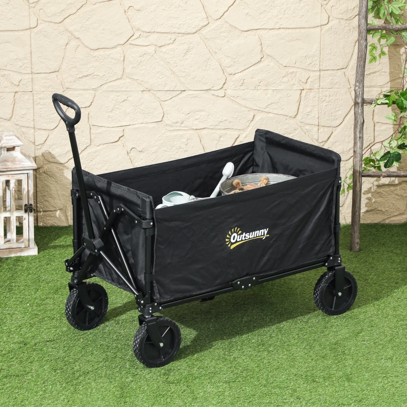 Outsunny Carrello da Giardino da 120L Pieghevole con Pannello Apribile, in Acciaio e Poliestere, 90x48x62 cm, Nero
