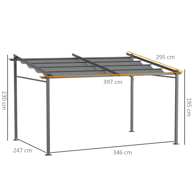 Outsunny Pergola, inklusive Befestigungsmaterial, ausziehbares Dach, 3,97 m x 2,95 m x 2,3 m, Dunkelgrau(m-3)