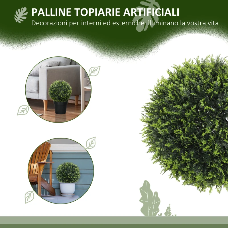 HOMCOM Set di 2 Piante Artificiali a Sfera con Foglie di Cedro per Casa e Giardino Ø45 cm, Verde