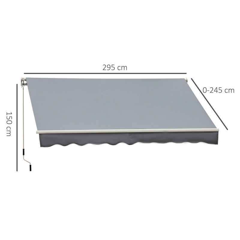 Outsunny Store banne manuel rétractable 295 x 245 cm store exterieur terrasse avec manivelle, angle réglable 45°-85°, aluminium et polyester 280 g/m², auvent de terrasse, balcon, cour, gris