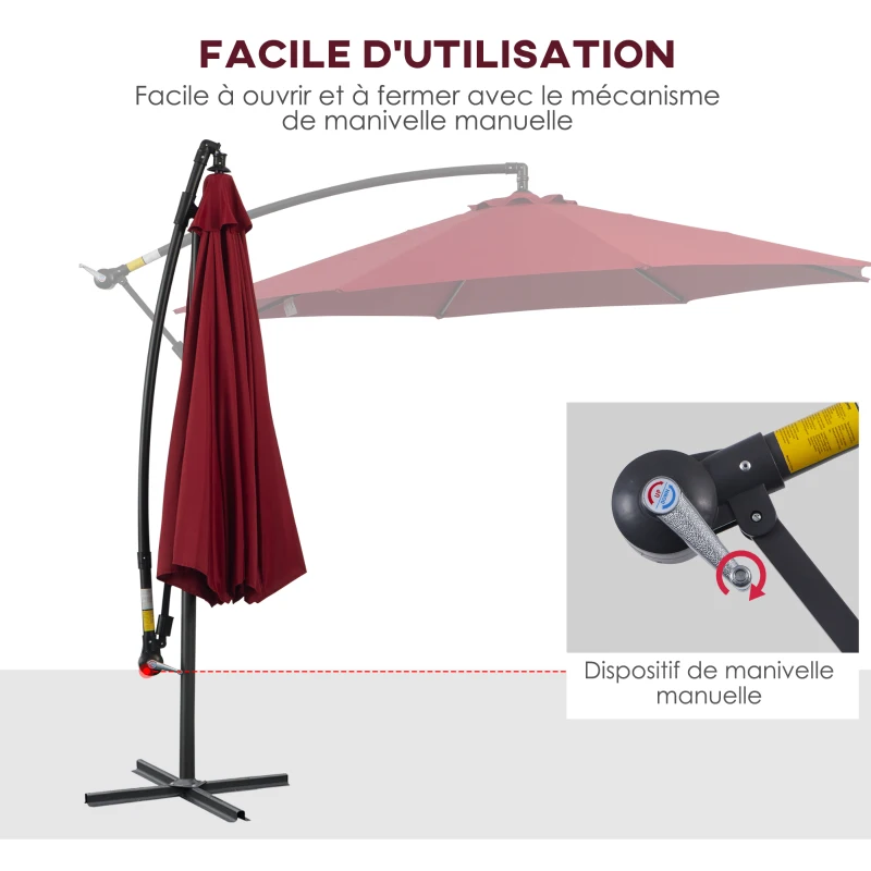Outsunny Parasol déporté octogonal inclinable manivelle avec pied en acier Ø 3 x 2,5H m rouge vineux