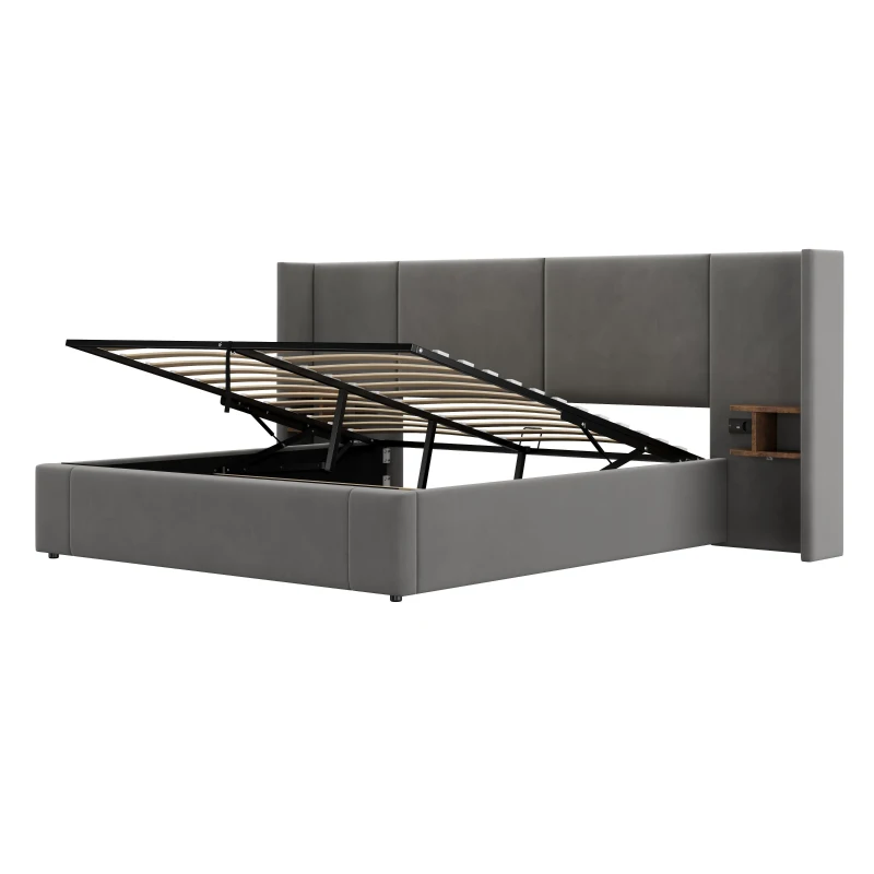 Super King Size Upholstered Bed Frame with Lift-Up Storage, Wide-Ear Design Ottoman Bed with Socket, 2 Bedside Tables, 180x200 cm, Grey