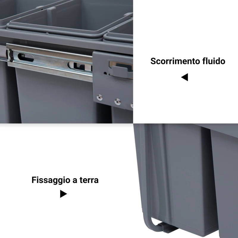 HOMCOM Pattumiera Estraibile da 40L con 3 Contenitori per Raccolta Differenziata, 48x34.2x41.8 cm, Grigio