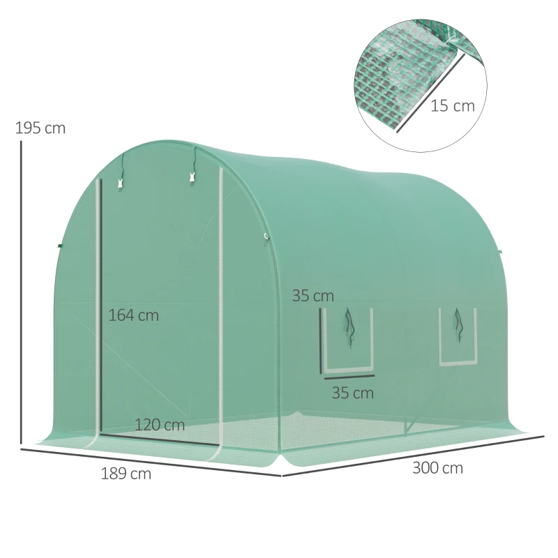 Outsunny Invernadero de Túnel 3x2x2 m Invernadero Grande con 4 Ventanas para Cultivos Plantas Verduras Cubierta PE 140 g/㎡ Verde