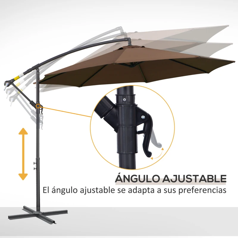 Outsunny Sombrilla de Jardín Ø295 cm Parasol Excéntrico Inclinable con Manivela Base Cruzada y Soporte de Acero Café