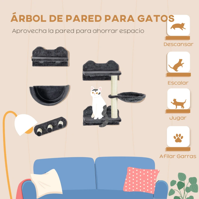 PawHut Juego de Escalada para Gatos de Pared Estantes para Gatos 4 Piezas Hamaca Nido Plataformas para Saltar Gris Oscuro