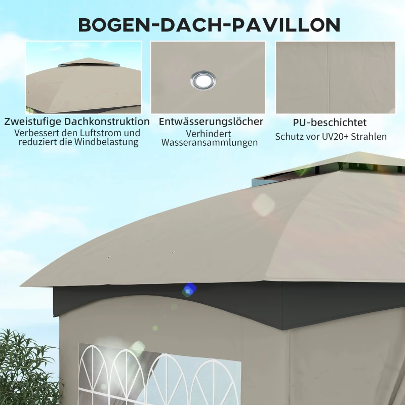 Outsunny 3,4 x 3,4 m Gartenpavillon, Bierzelt mit Lüftungsdach, Bogenfenstern, Stahlgestell, Hellgrau