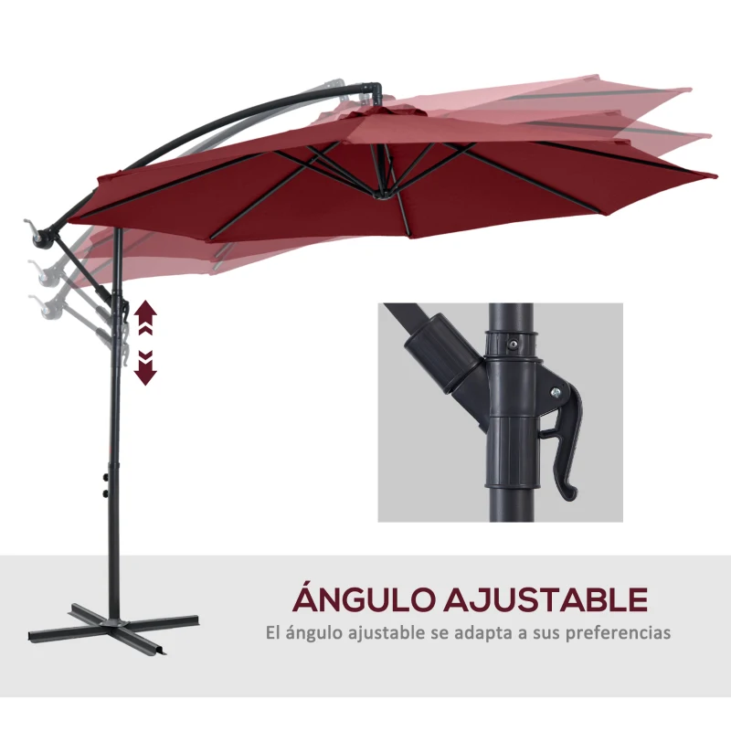 Outsunny Sombrilla de Jardín Ø295 cm Parasol Excéntrico Inclinable con Manivela Base Cruzada y Soporte de Acero Granate