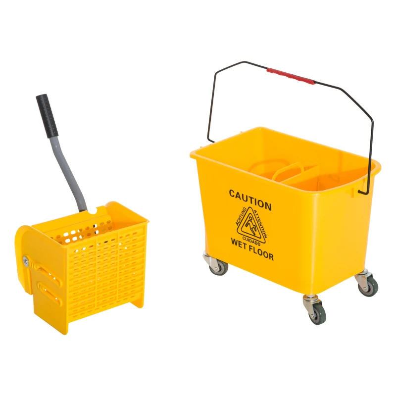 HOMCOM Schoonmaakwagen, verrijdbare emmer, schoonmaakemmer, 20 liter dweilwagen met pers, 2 bakken, geel
