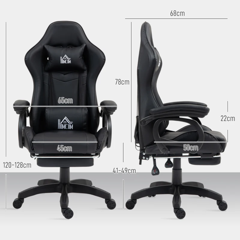 HOMCOM Sedia da Gaming Reclinabile a 125° e Massaggiante in Finta Pelle con Poggiapiedi, 65x68x120-128 cm, Nero