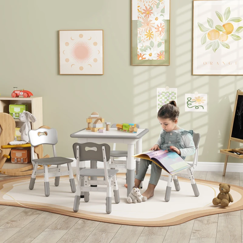 AIYAPLAY Set Tavolo e Sedie per Bambini 5pz con 4 Sedie Regolabili 32x36x52.5-56 cm e Tavolo 60x60x46-58 cm, Grigio