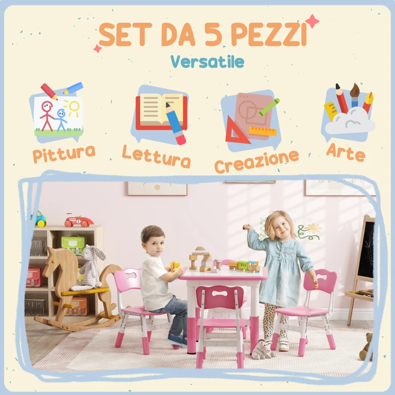 AIYAPLAY Set Tavolo e Sedie per Bambini 5pz con 4 Sedie Regolabili 32x36x52.5-56 cm e Tavolo 60x60x46-58 cm, Rosa