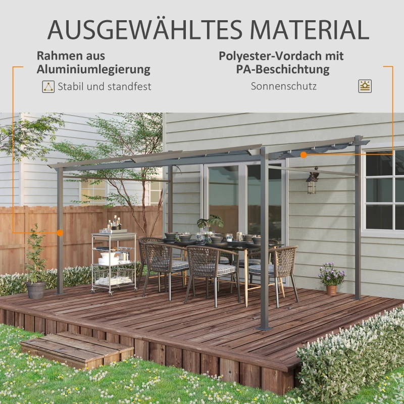 Outsunny Pergola, inklusive Befestigungsmaterial, ausziehbares Dach, 3,97 m x 2,95 m x 2,3 m, Dunkelgrau(m-4)