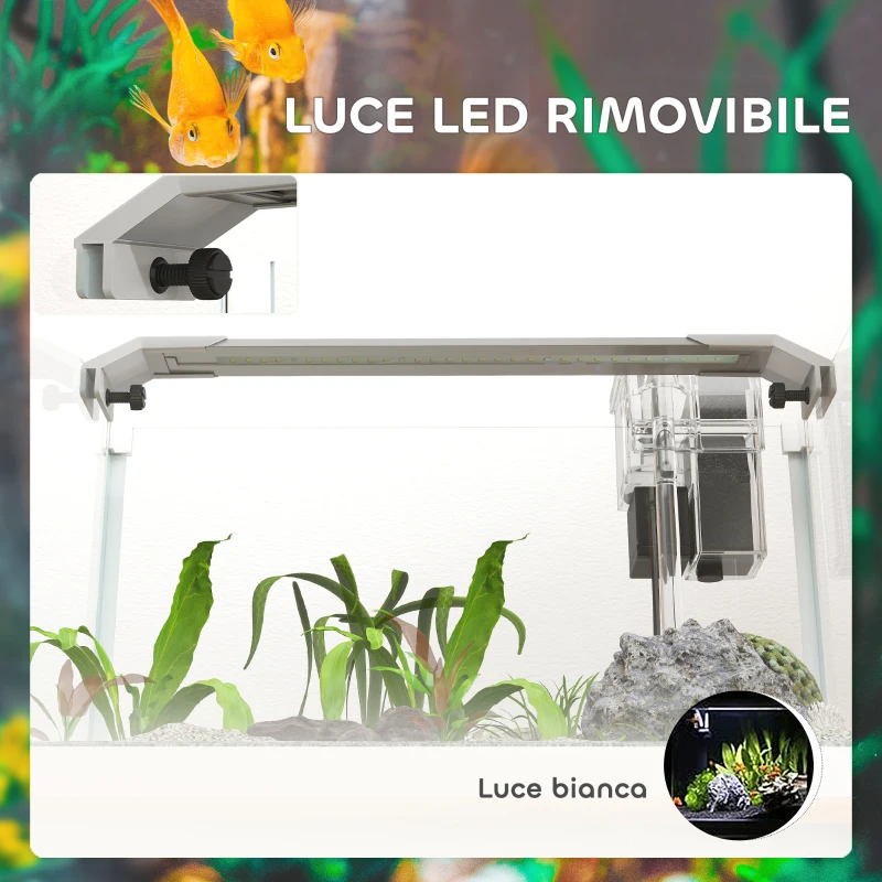 PawHut Acquario in Vetro con Luci LED da 20L, Filtro e Pompa d'Acqua, 38x26x27 cm, Bianco
