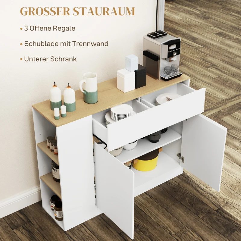 HOMCOM Sideboard, großes Schrankfach, 3 Ablagefächer, Schublade, 105 x 30 x 81,5cm, Weiß/Holz(m-4)