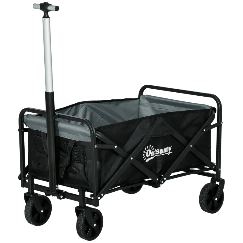 Outsunny Carro de Jardín Plegable con 4 Ruedas Longitud y Ángulo del Mango Ajustables Capacidad 70 L 77x50x63-93 cm Negro